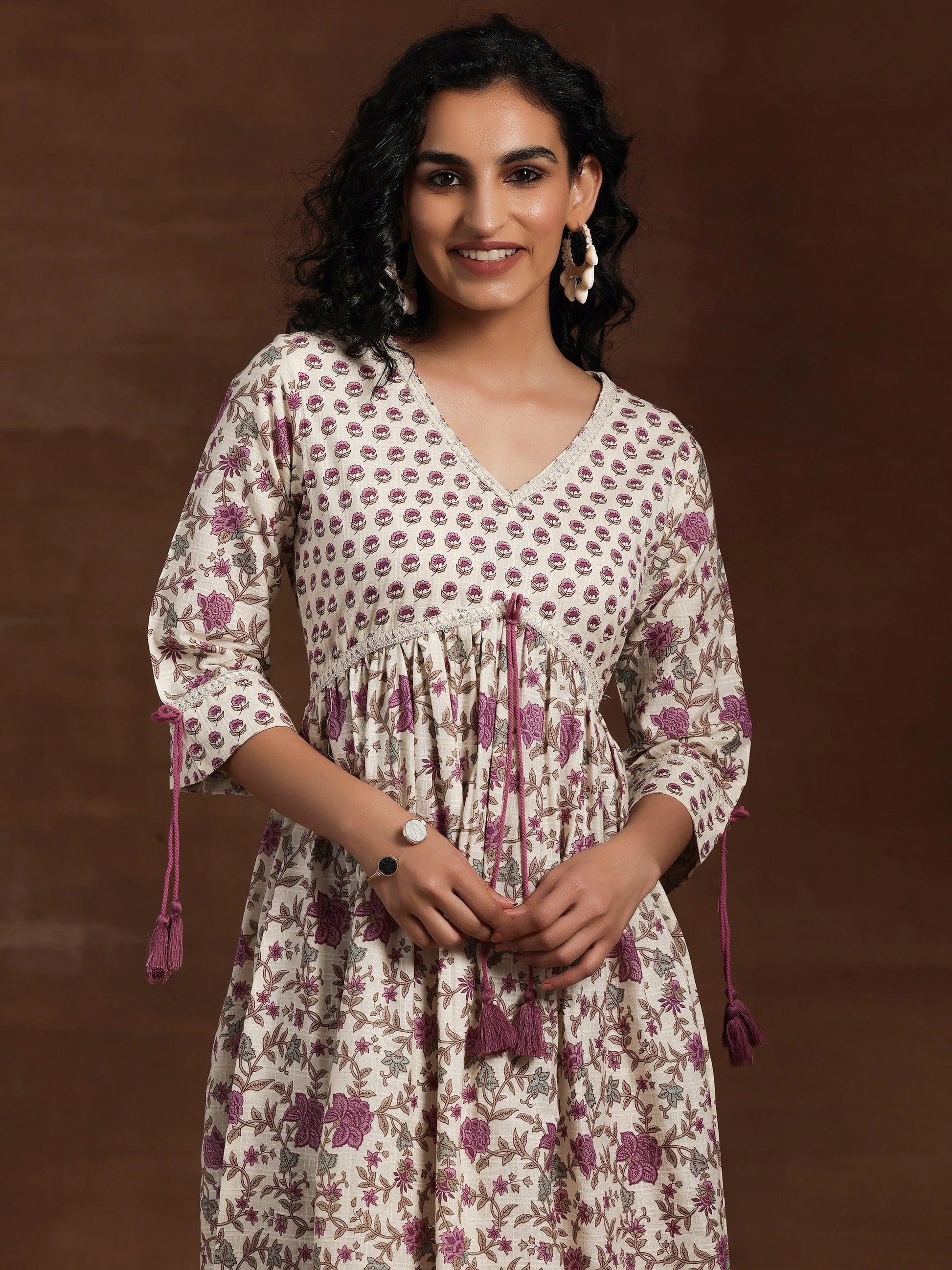 Off White Printed Cotton Fit and Flare Dress by My Store