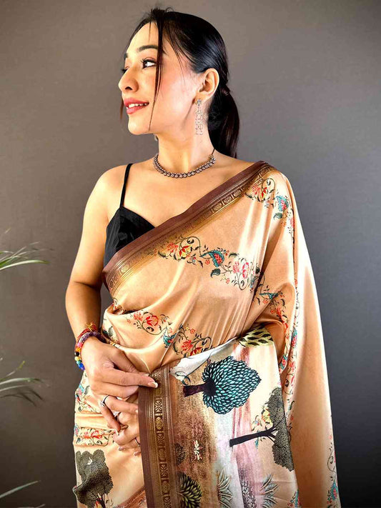 Peach Jungle Printed Silk Saree by My Store