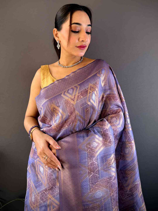 Lavender Banarasi Silk Katan Geometric Saree by My Store