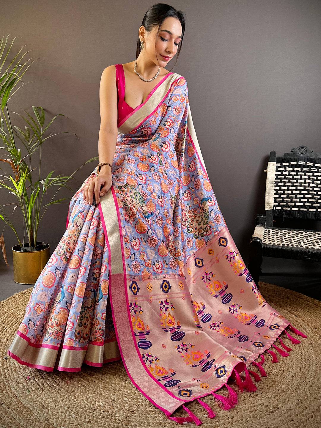 Lavender Blossom Phulkari Silk Saree by My Store