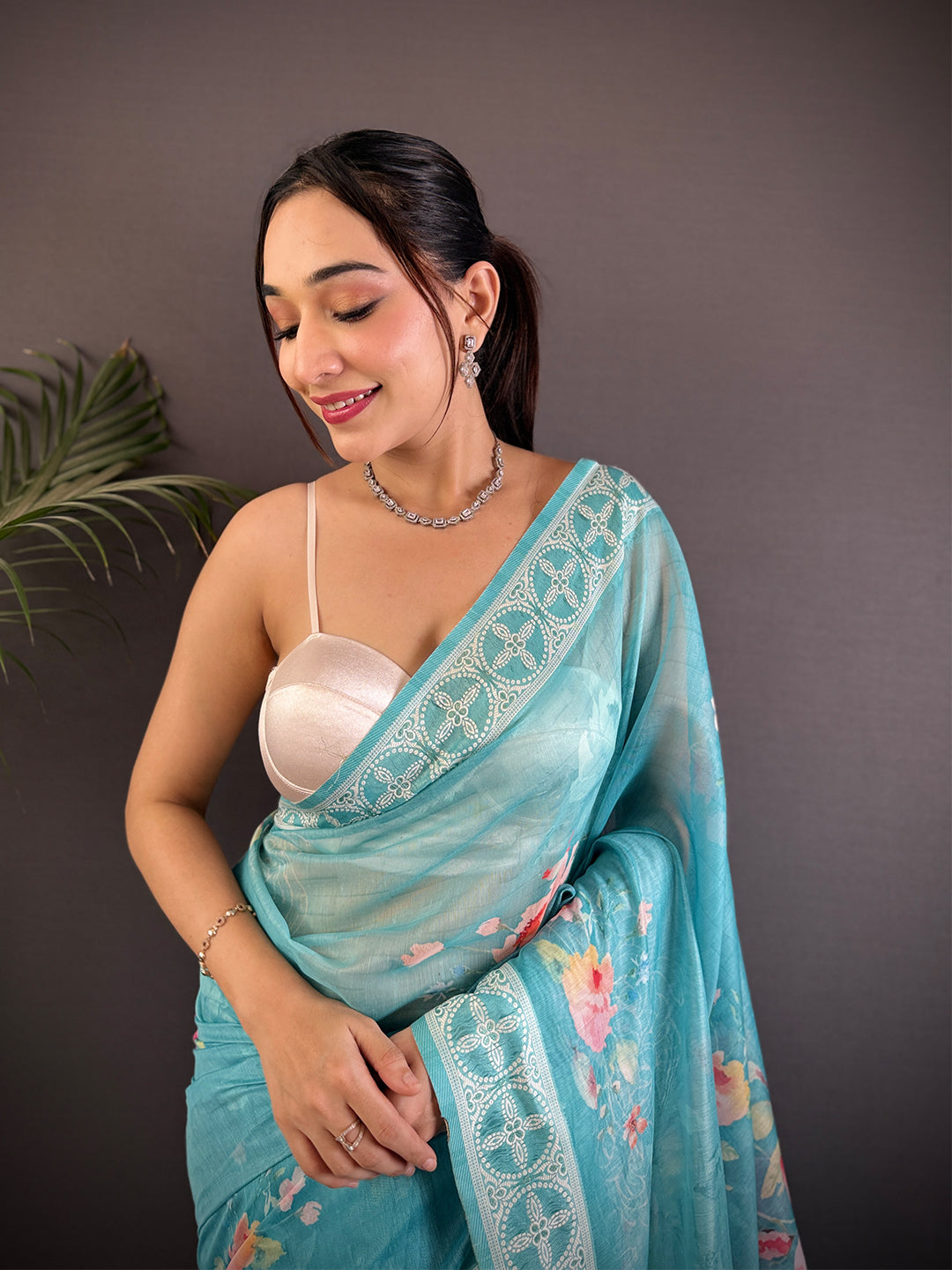 Sky Blue Lakhnavi Linen Digital Print Saree by My Store