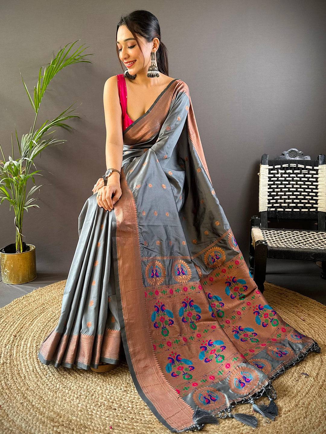 Dark Grey Copper Elegance Soft Silk Saree by My Store
