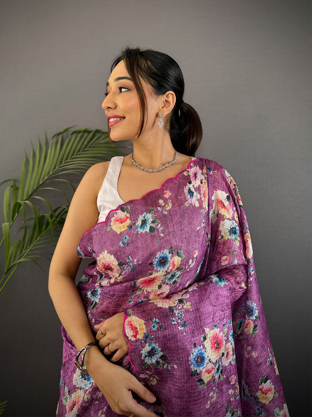 Lilac Purple Kota Doriya Floral Cut Work Saree by My Store