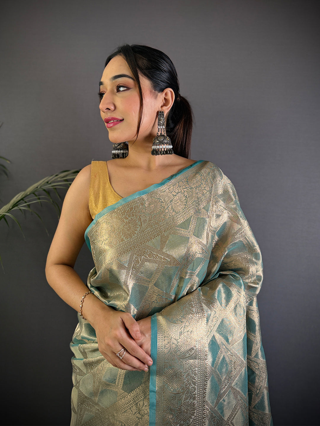 Blue Tissue Jarokha Zari Weaving Saree by My Store
