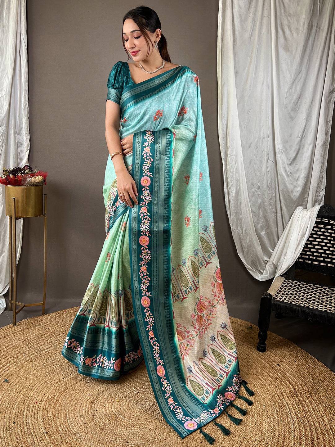 Poppy Blue Kota Satin Border Saree by My Store