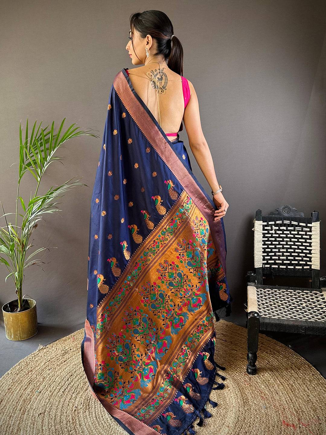 Copper Allure Soft Silk Navy Blue Saree by My Store