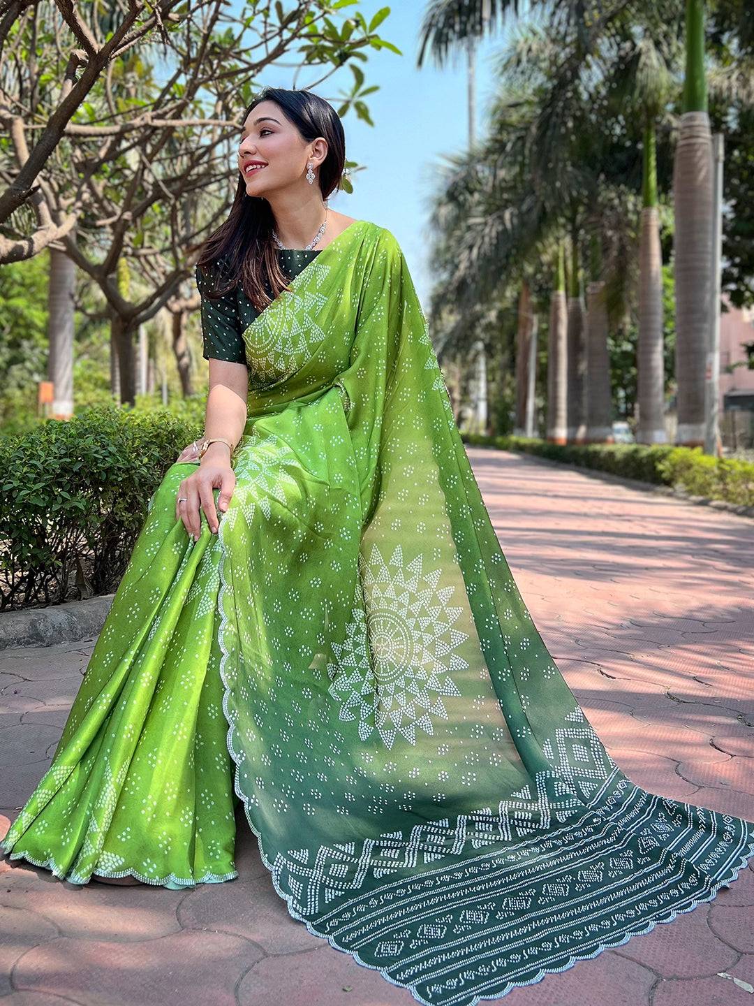 Green Georgette Silk Saree with Ombre Bandhej Print & Swaroski Stone Work by My Store