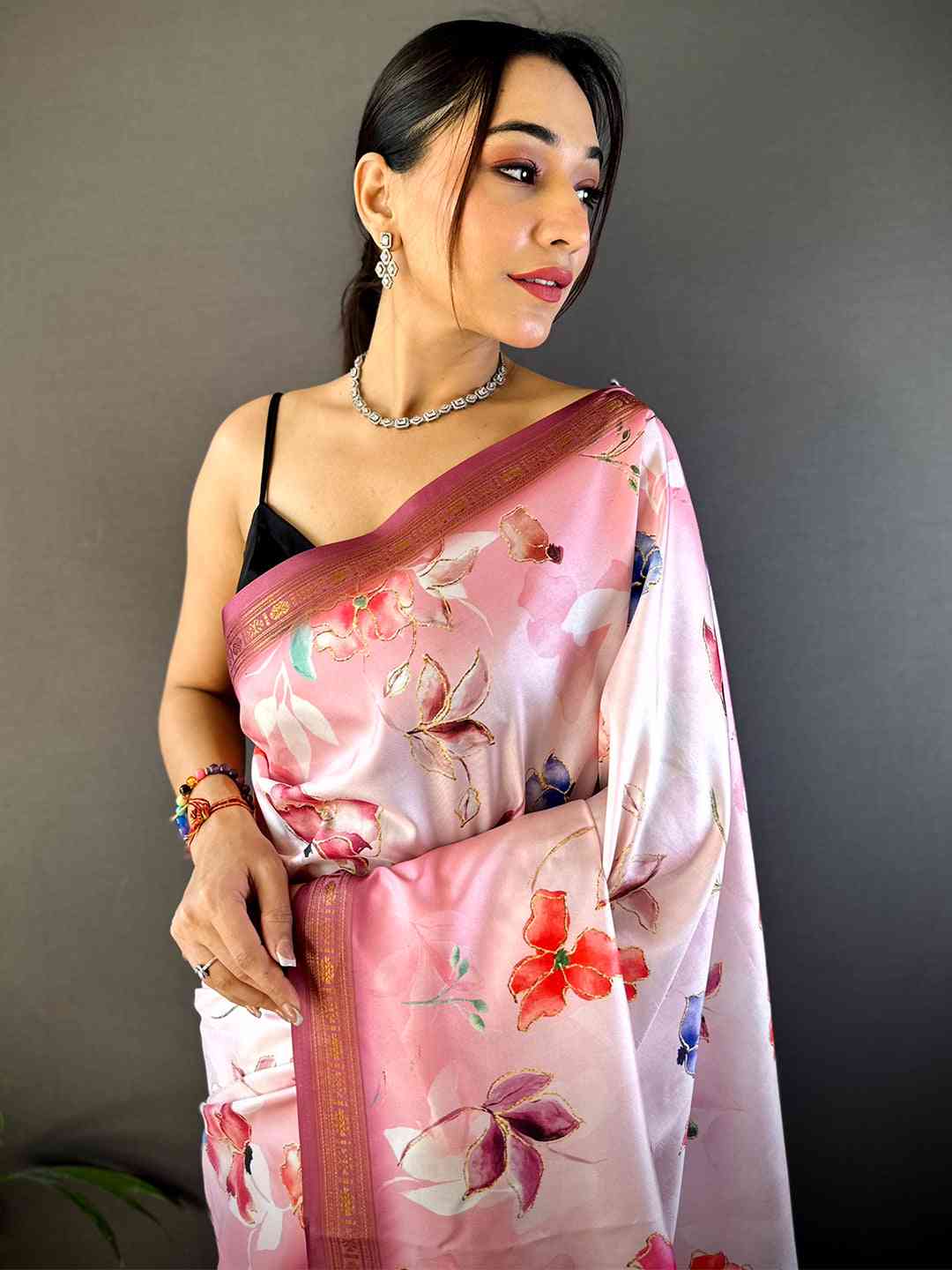 Blush Pink Floral Digital Print Silk Saree by My Store