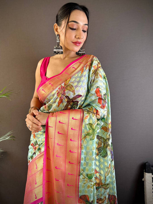 Mint Green Paithani Kora Silk Saree by My Store