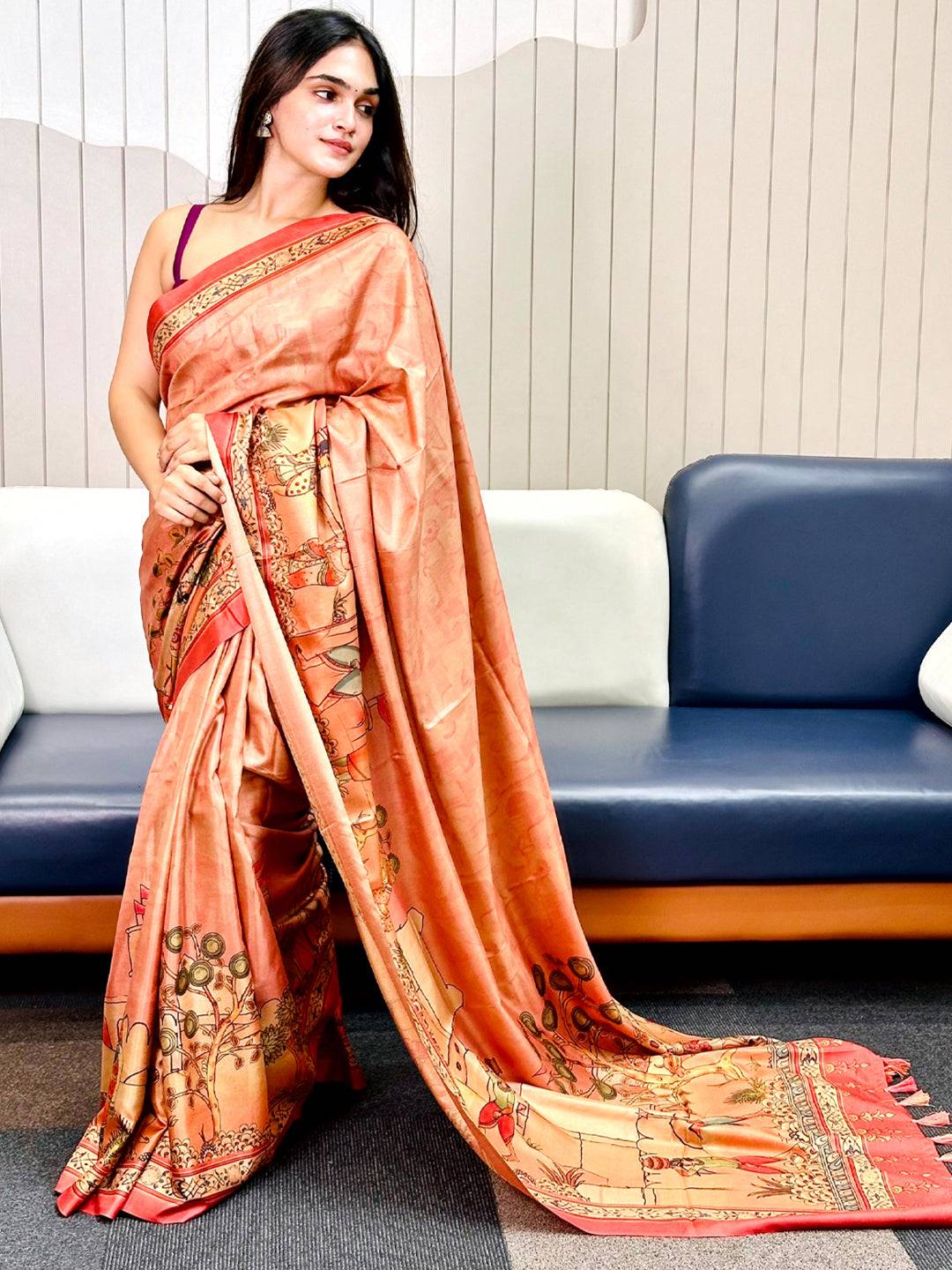 Muvel Free Hand Kalamkari Print Saree by My Store