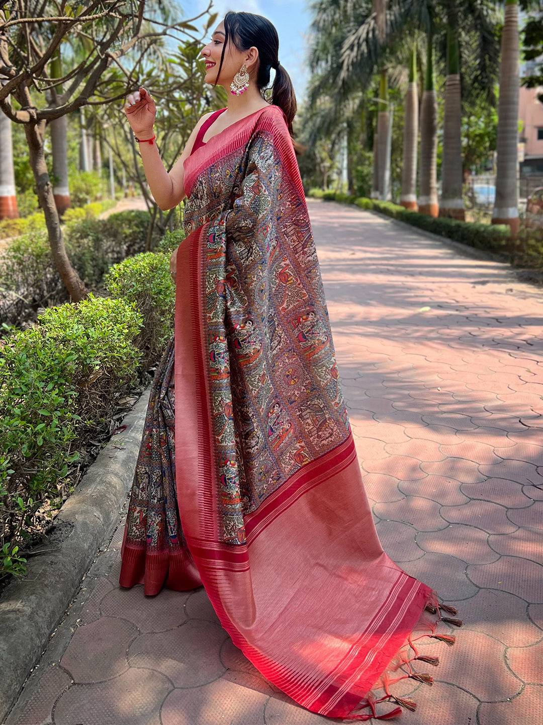Traditional Slub Tussar Silk Madhubani Kalamkari Block Print Saree