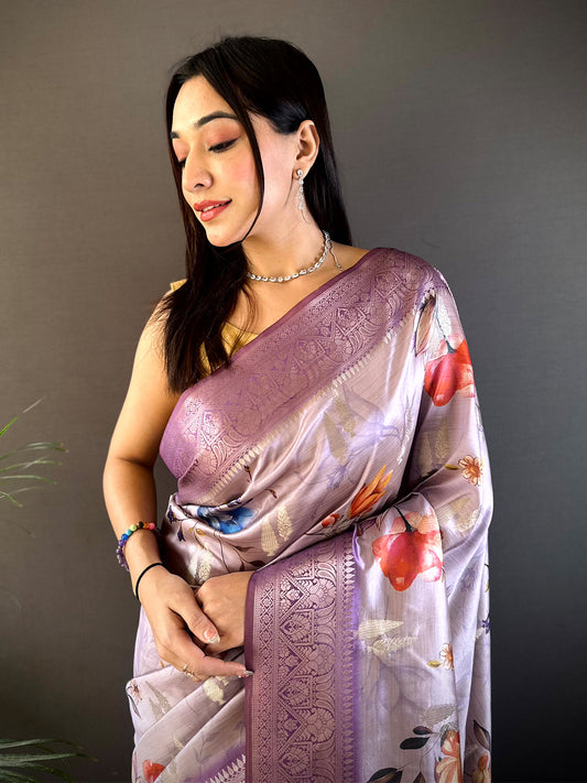 Lavender Bamboo Silk Floral Saree by My Store