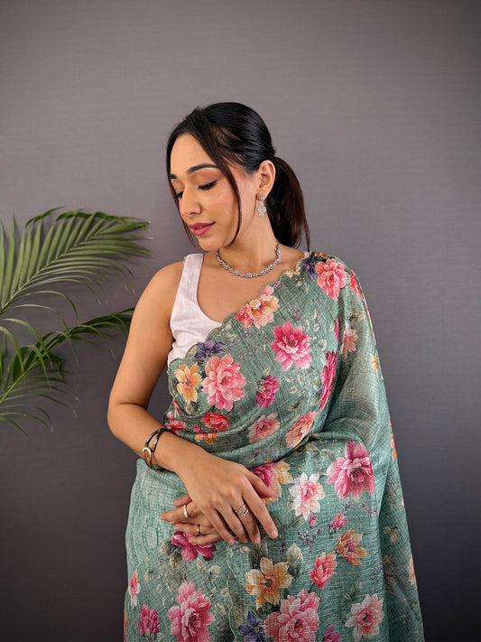 Mint Green Kota Doriya Floral Cut Work Saree by My Store