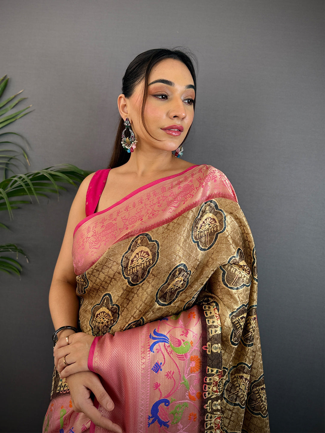 Beige Kora Muslin Kalamkari Floral Print Saree