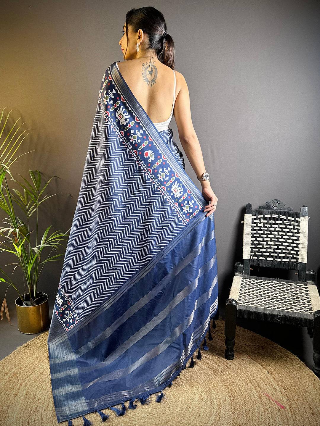Navy Blue Zig Zag Kalamkari Kanchi Silk Saree by My Store