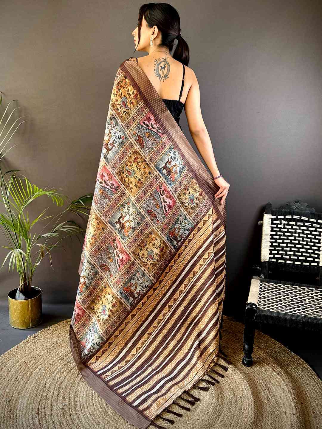 Multi Black Chex Kalamkari Madhubani Saree by My Store