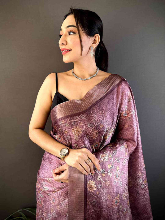 Lavender Gold Zari Chanderi Phulkari Floral Saree by My Store