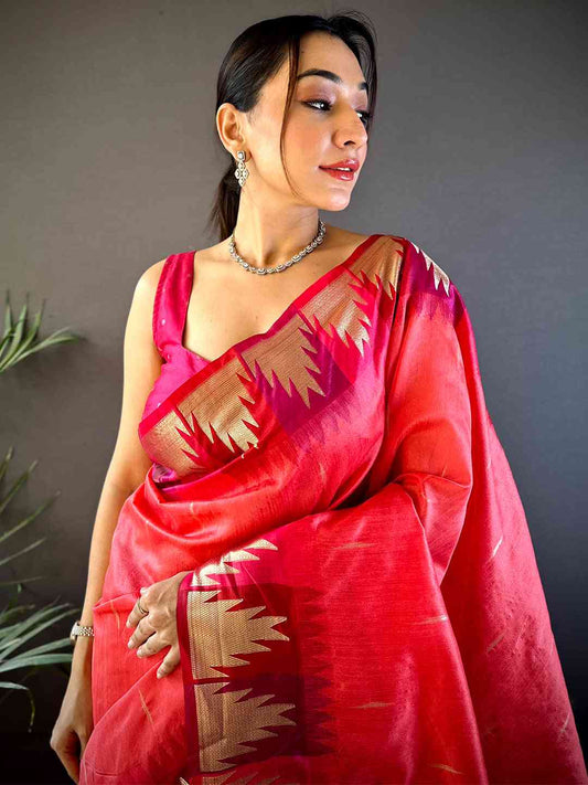 Peach Banarasi Raw Silk Ikkat Saree by My Store