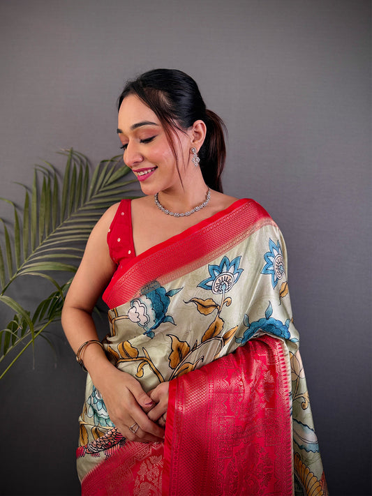 Ivory Kalamkari Printed Soft Satin Saree by My Store