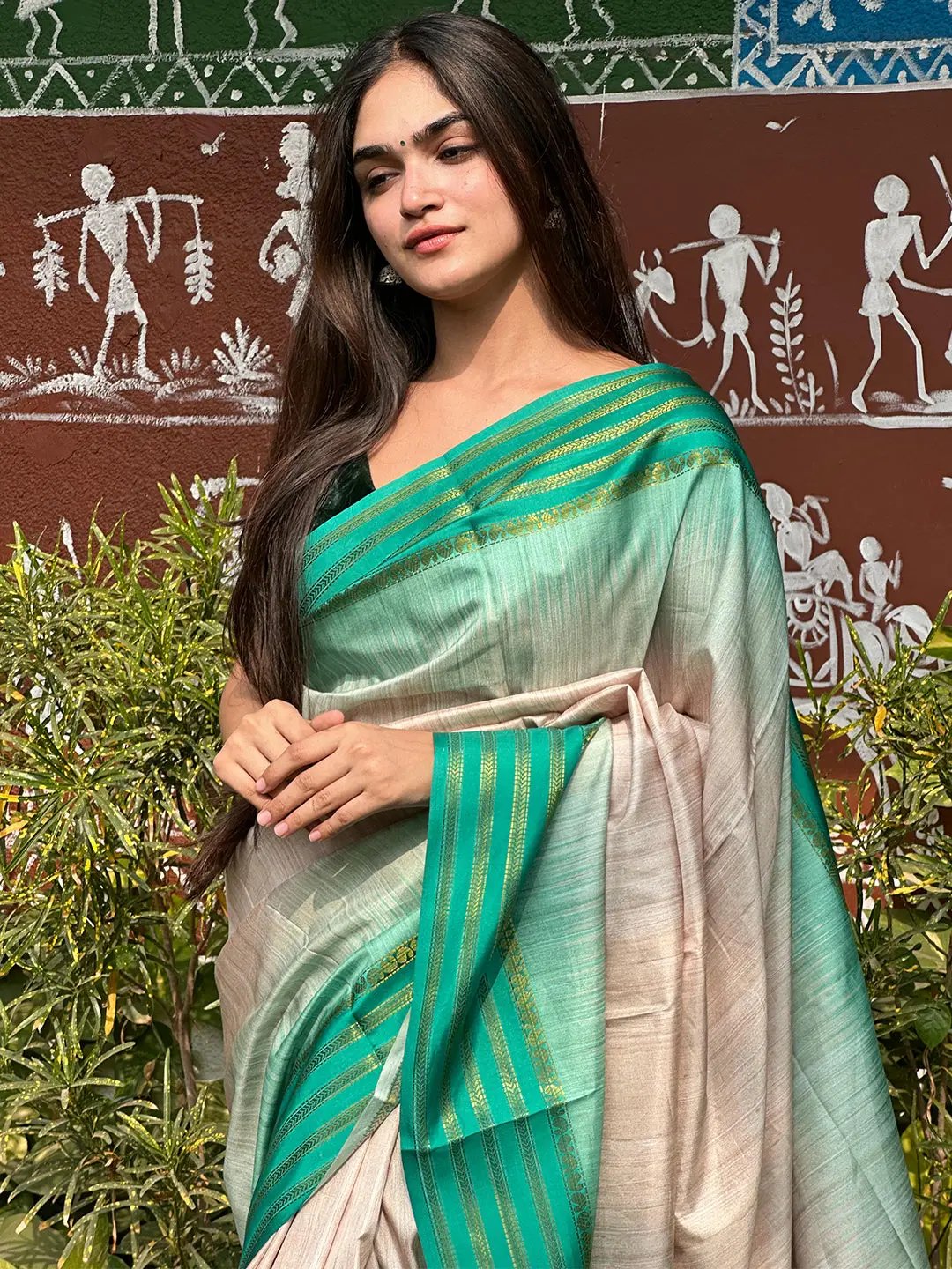 Ikkat Motifs and Paisley Prints on Ghicha Saree by My Store