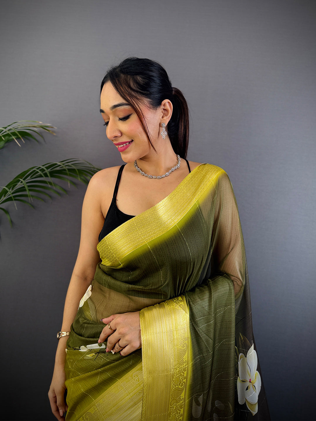 Olive Green Soft Organza Digital Print Saree by My Store
