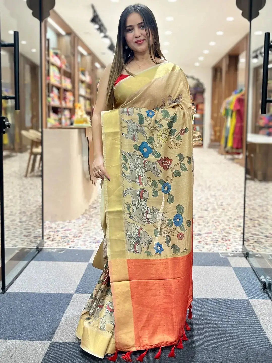 Incredible Pen Kalamkari Linen Tissue Soft Saree by My Store