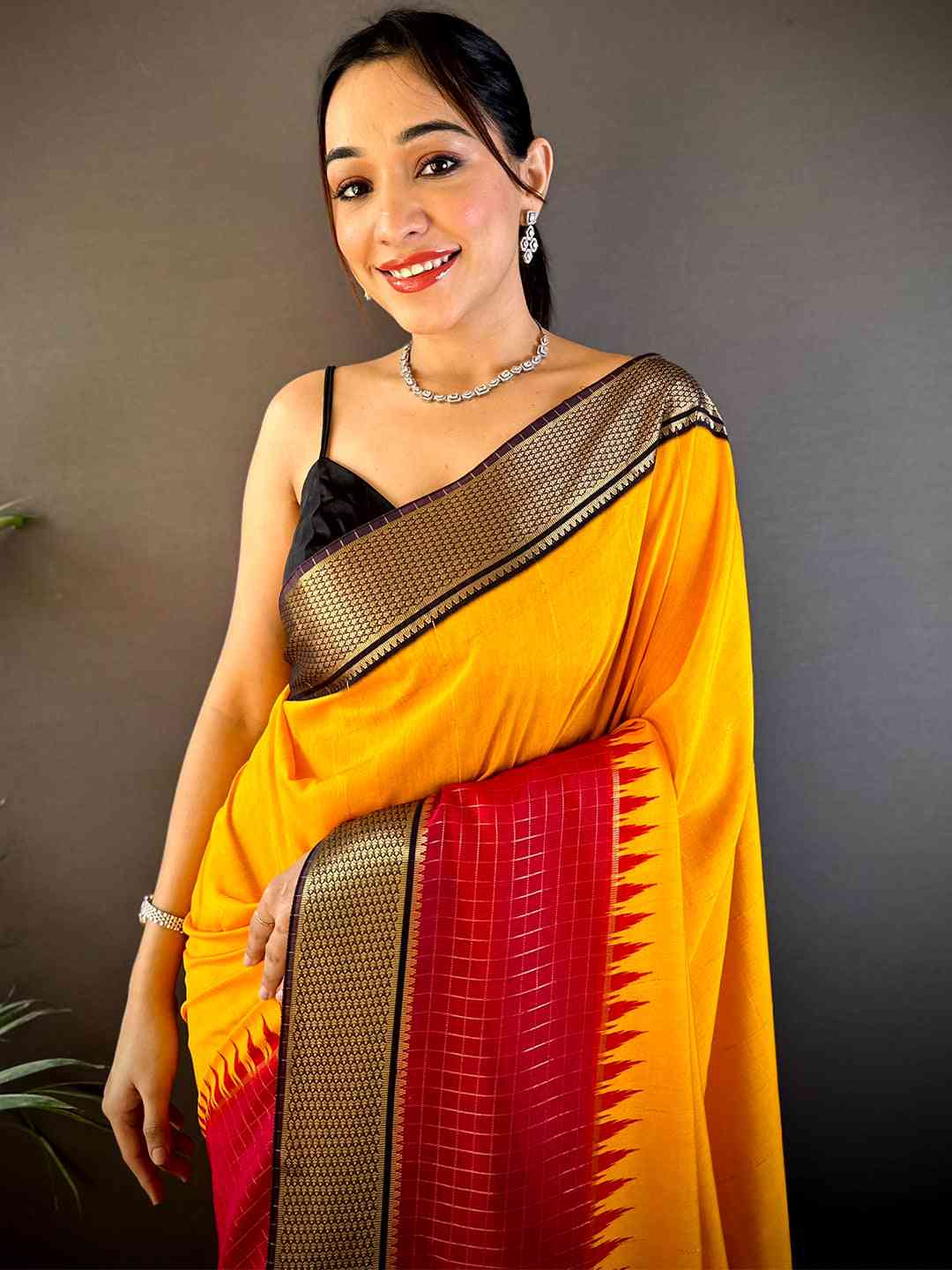 Sunshine Yellow Zari Pallu Cotton Viscose Saree by My Store