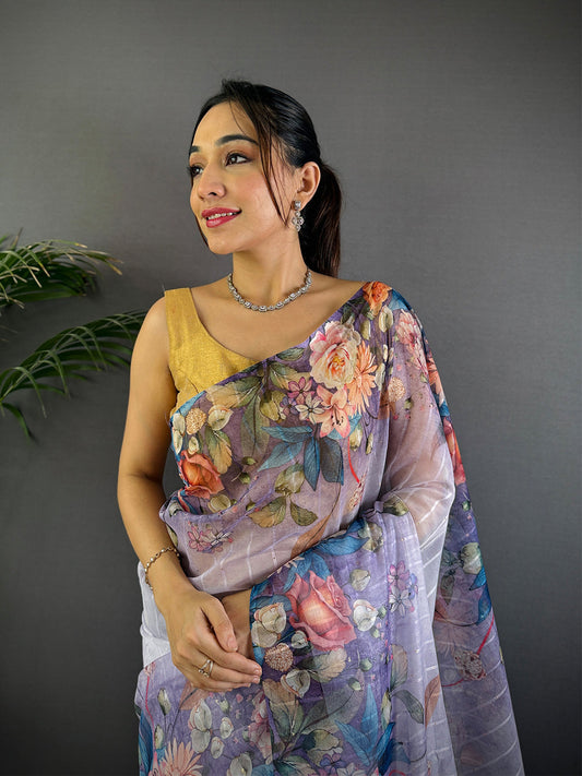 Light Purple Soft Organza Digital Floral Saree by My Store