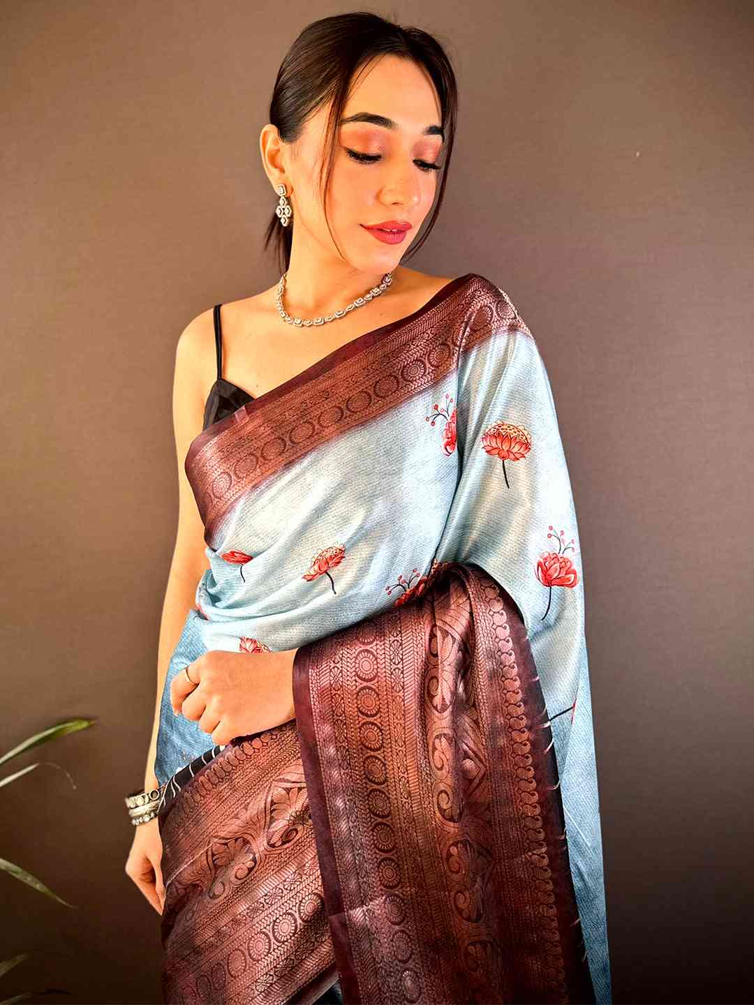 Light Blue Soft Silk Floral Ombre Print Saree by My Store
