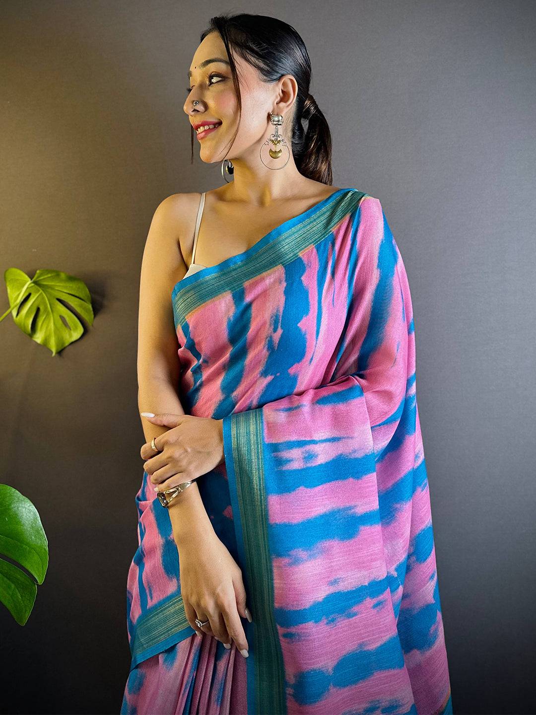 Pink Shibori Print Linen Saree by My Store