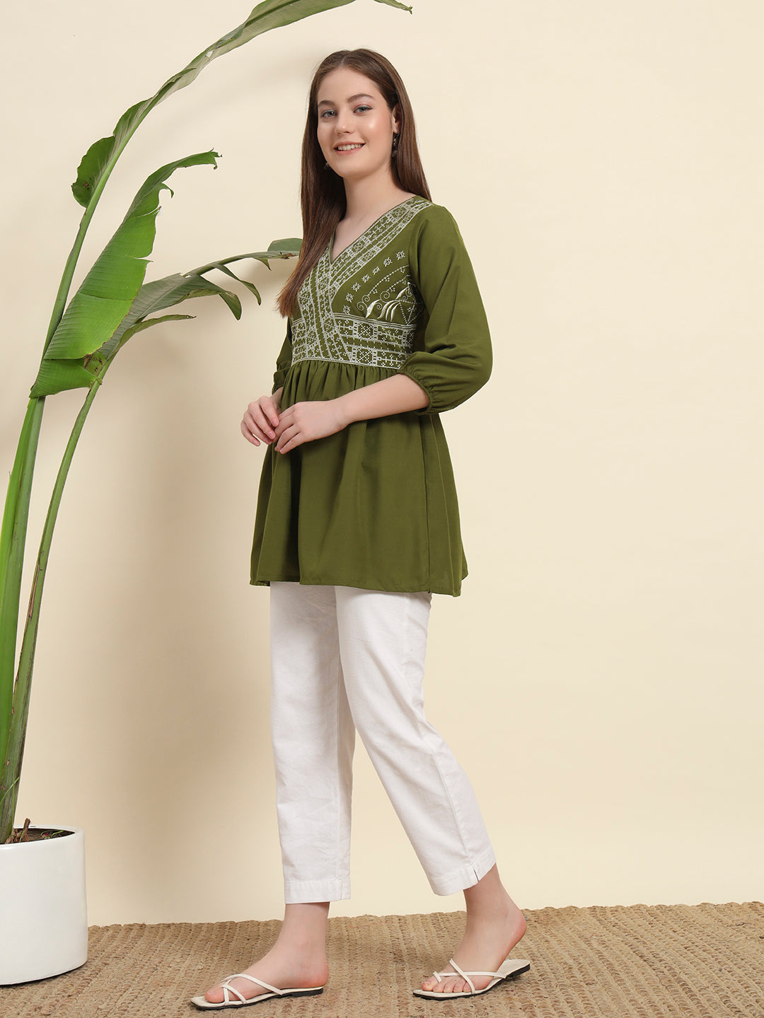 V neack Green Short Kurti For Women