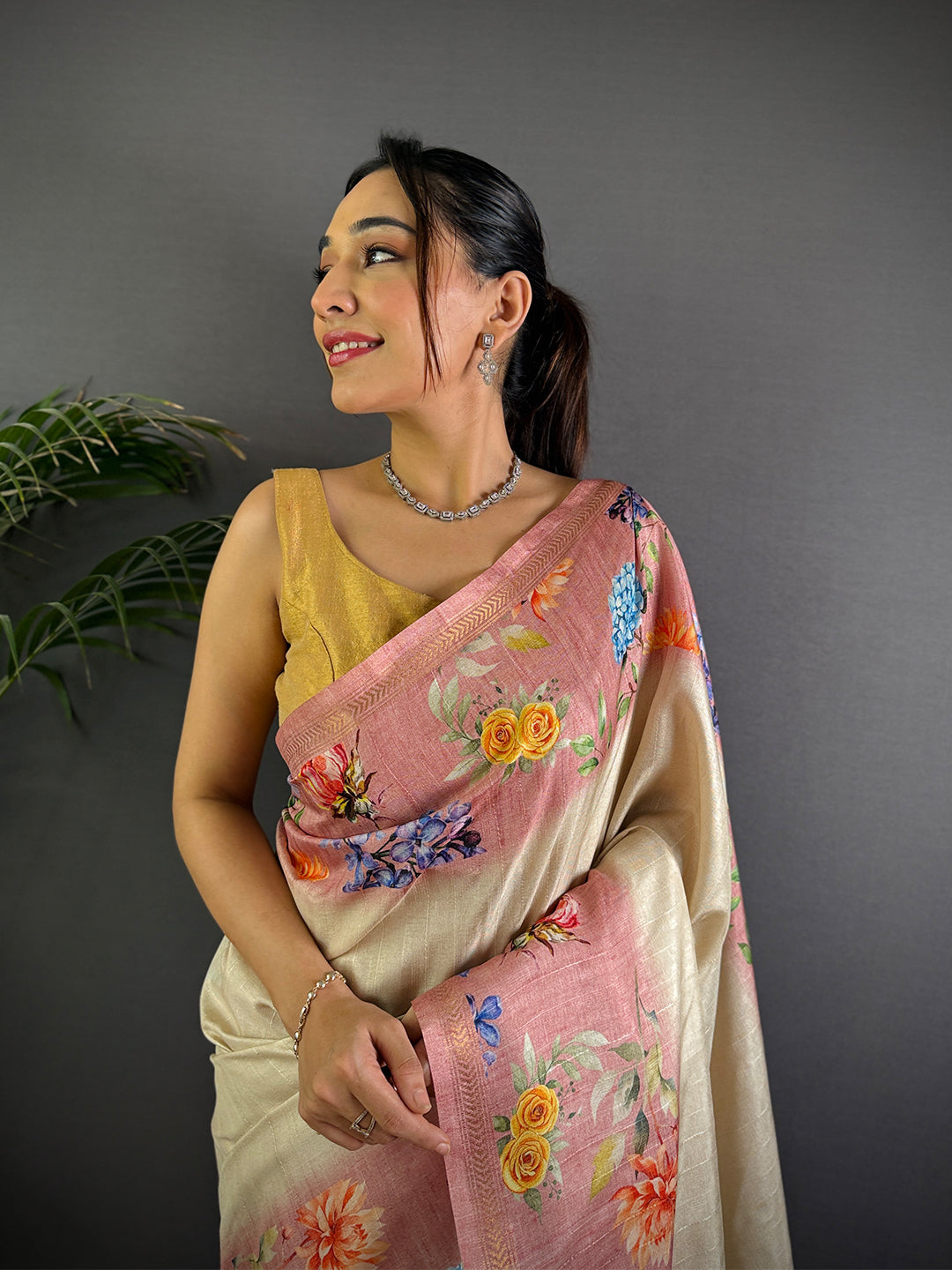Off White Tussar Ghicha Silk Saree by My Store