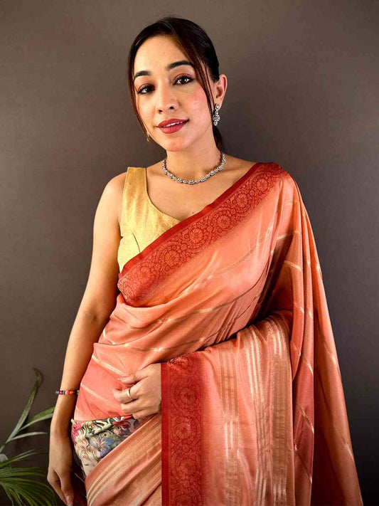 Peach Kalamkari Ombre Crepe Silk Saree by My Store