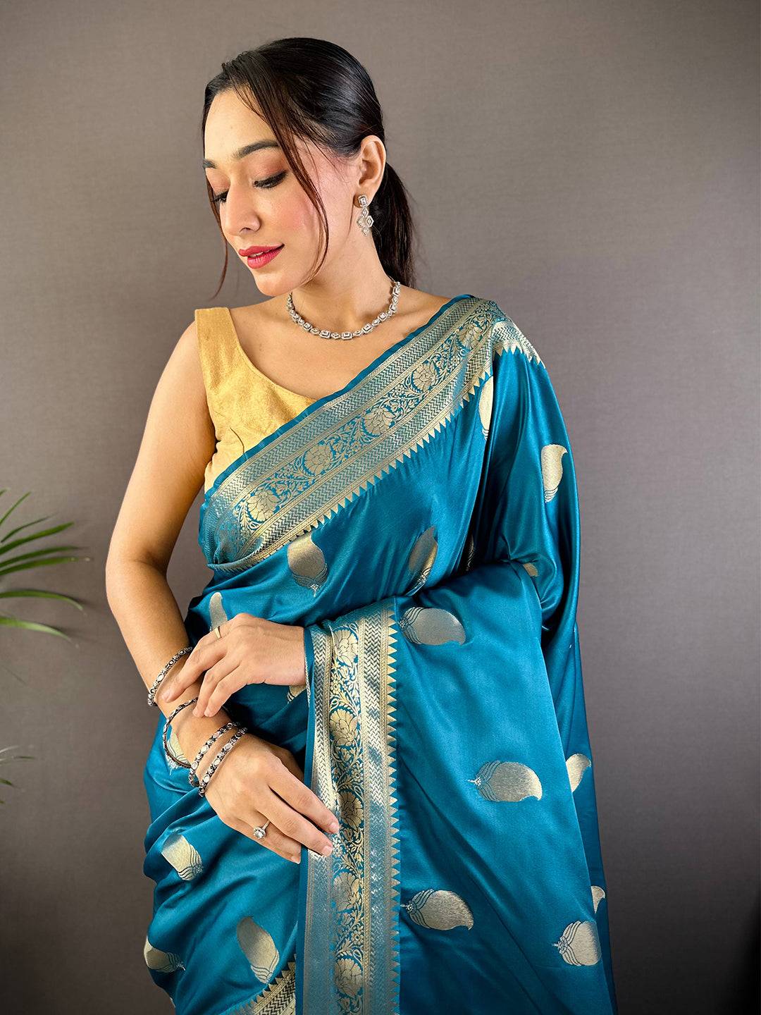 Teal Banarasi Soft Satin Masru Mango Silk Saree