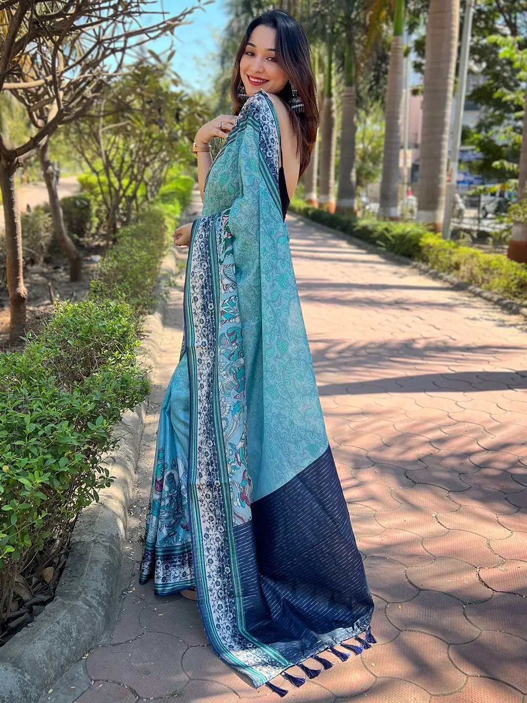 Satin Kota Doria Saree With Kalamkari Digital Print In Turquoise Colour by My Store