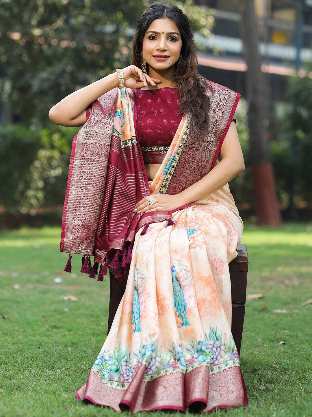 Peach Colour Phulkari Design Zari Weaving Pallu Saree - Luxe by My Store