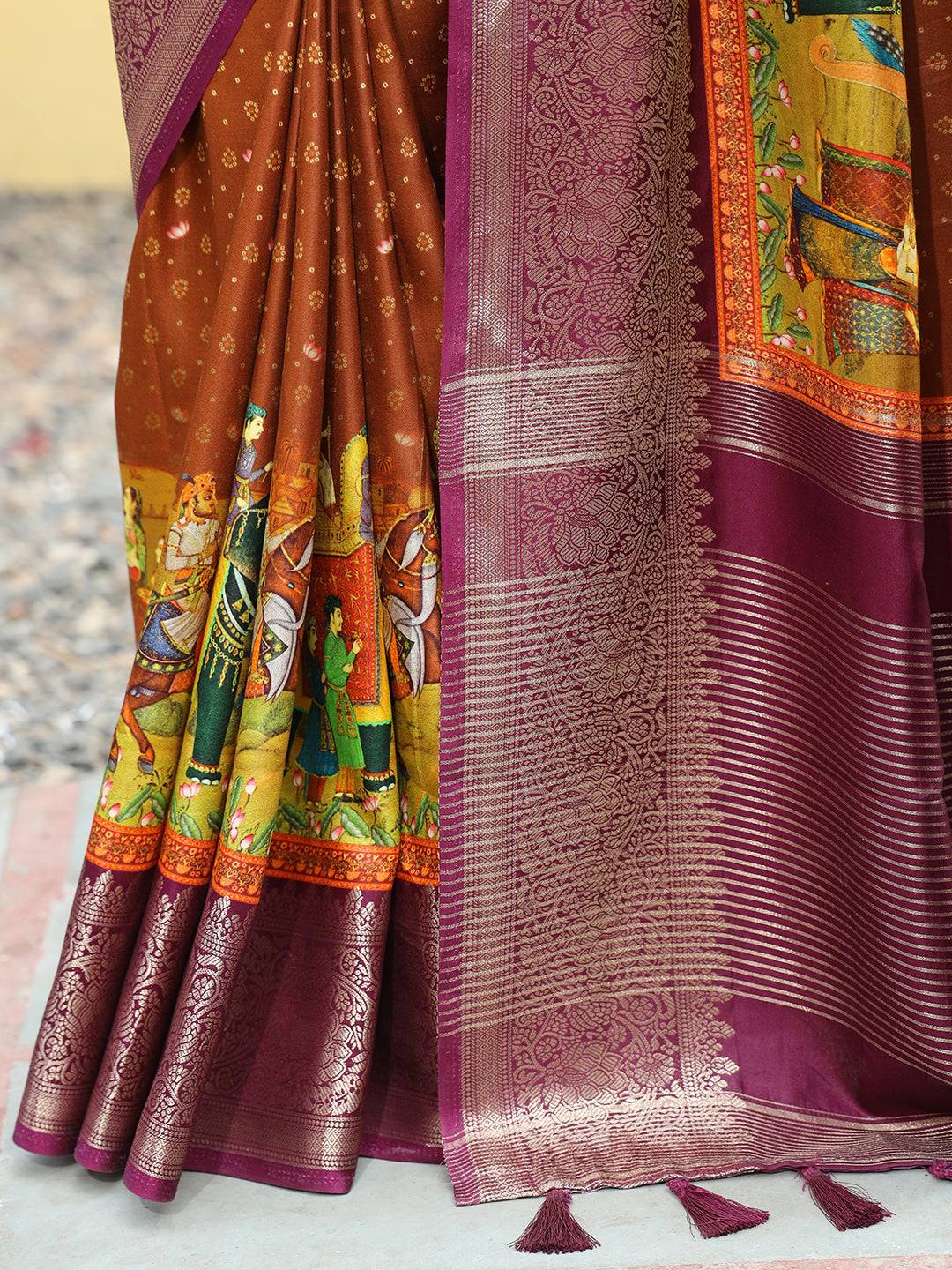Brown Pure Viscose Dola Silk Saree with Exquisite Bhandhej Print - Luxe by My Store