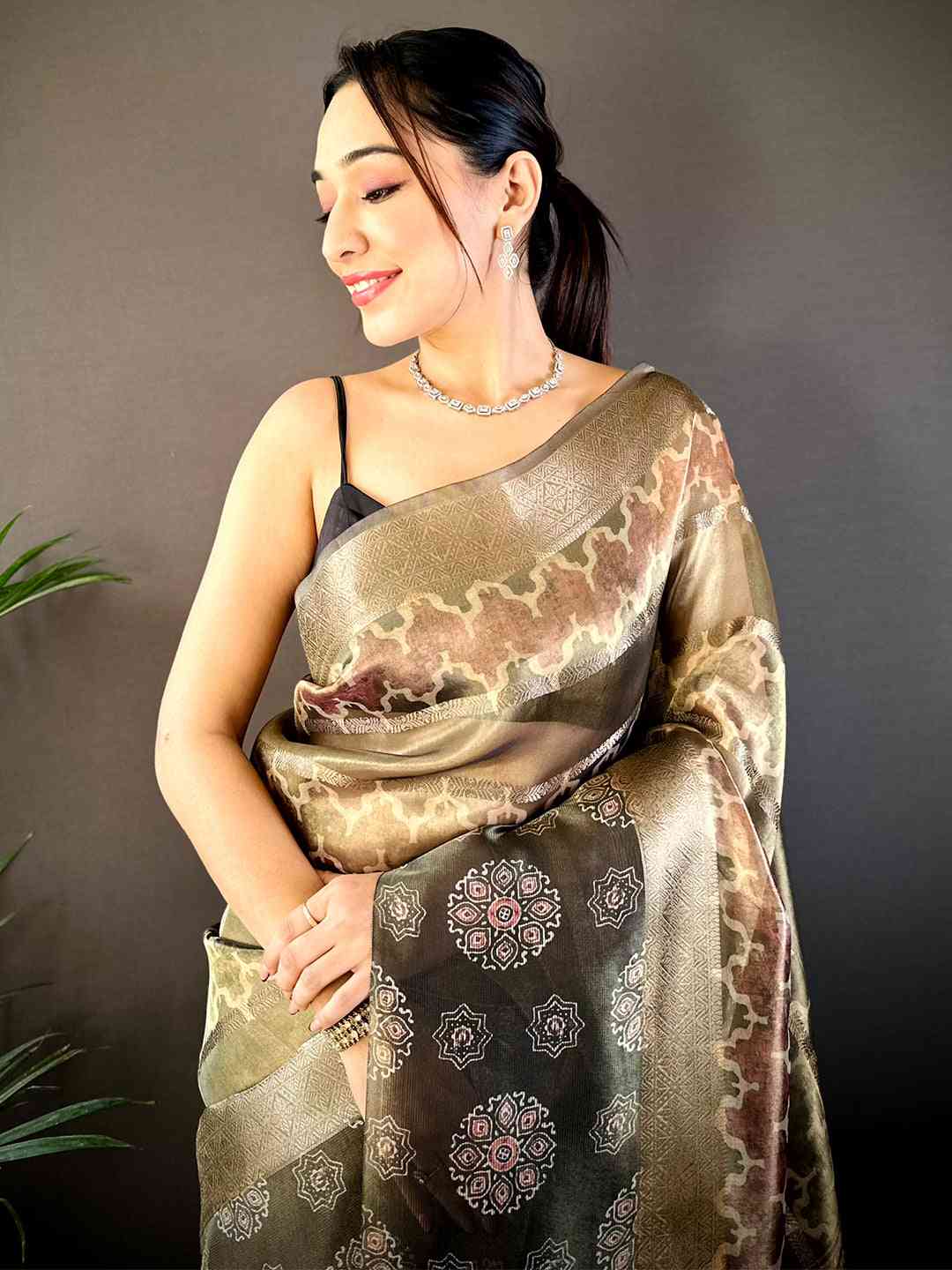 Light Brown Tissue Striped Digital Printed Saree by My Store