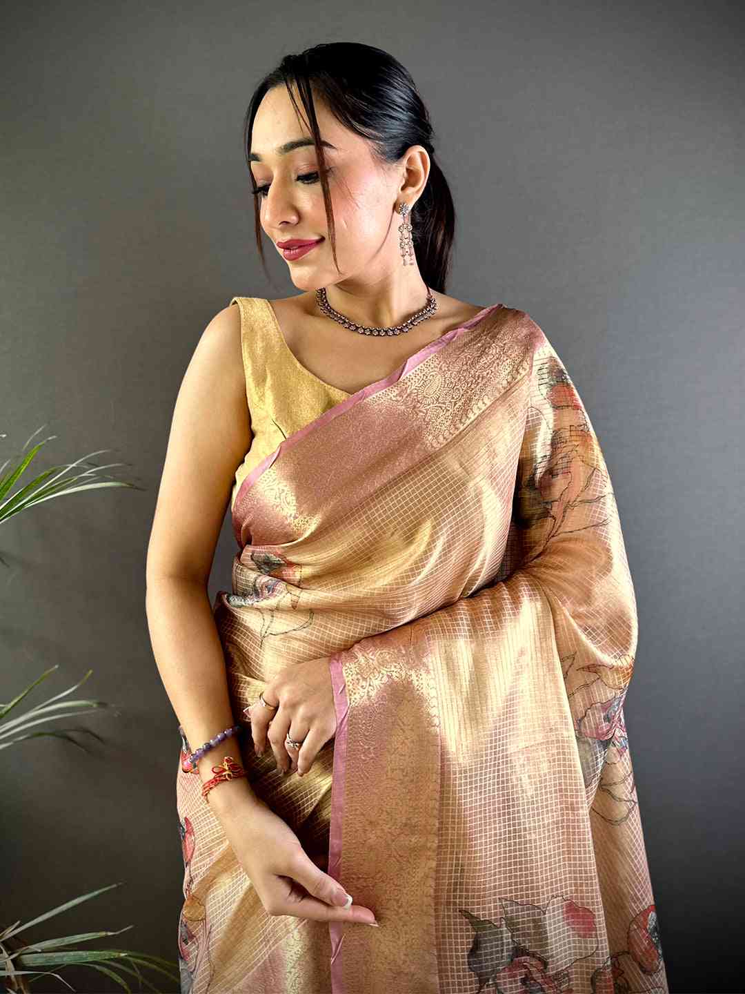 Stylish Dark Wine Self Gold Zari Floral Print Saree by My Store