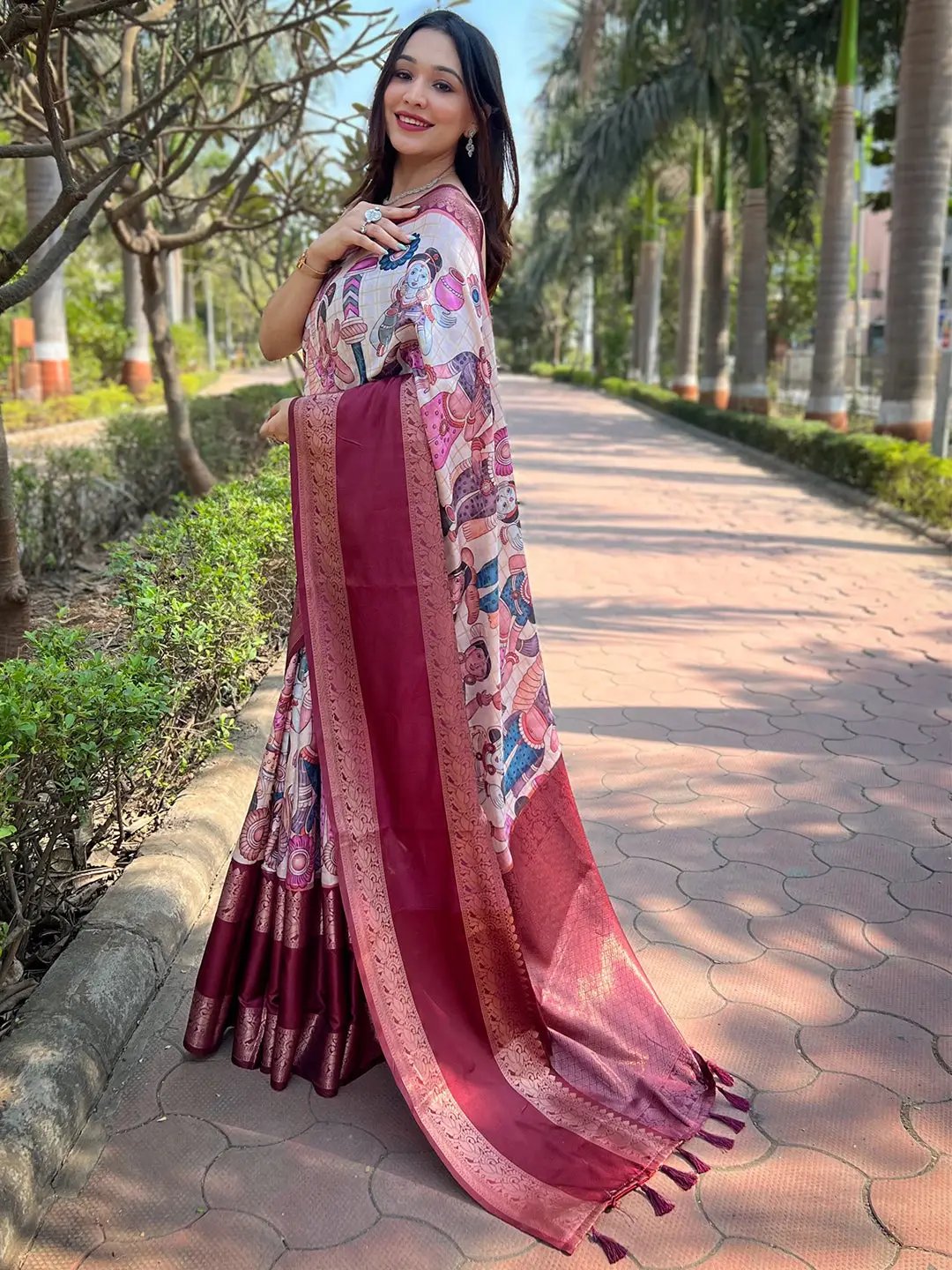 Off White Colour Double Border Chex Weaving Banarasi Soft Silk Saree by My Store