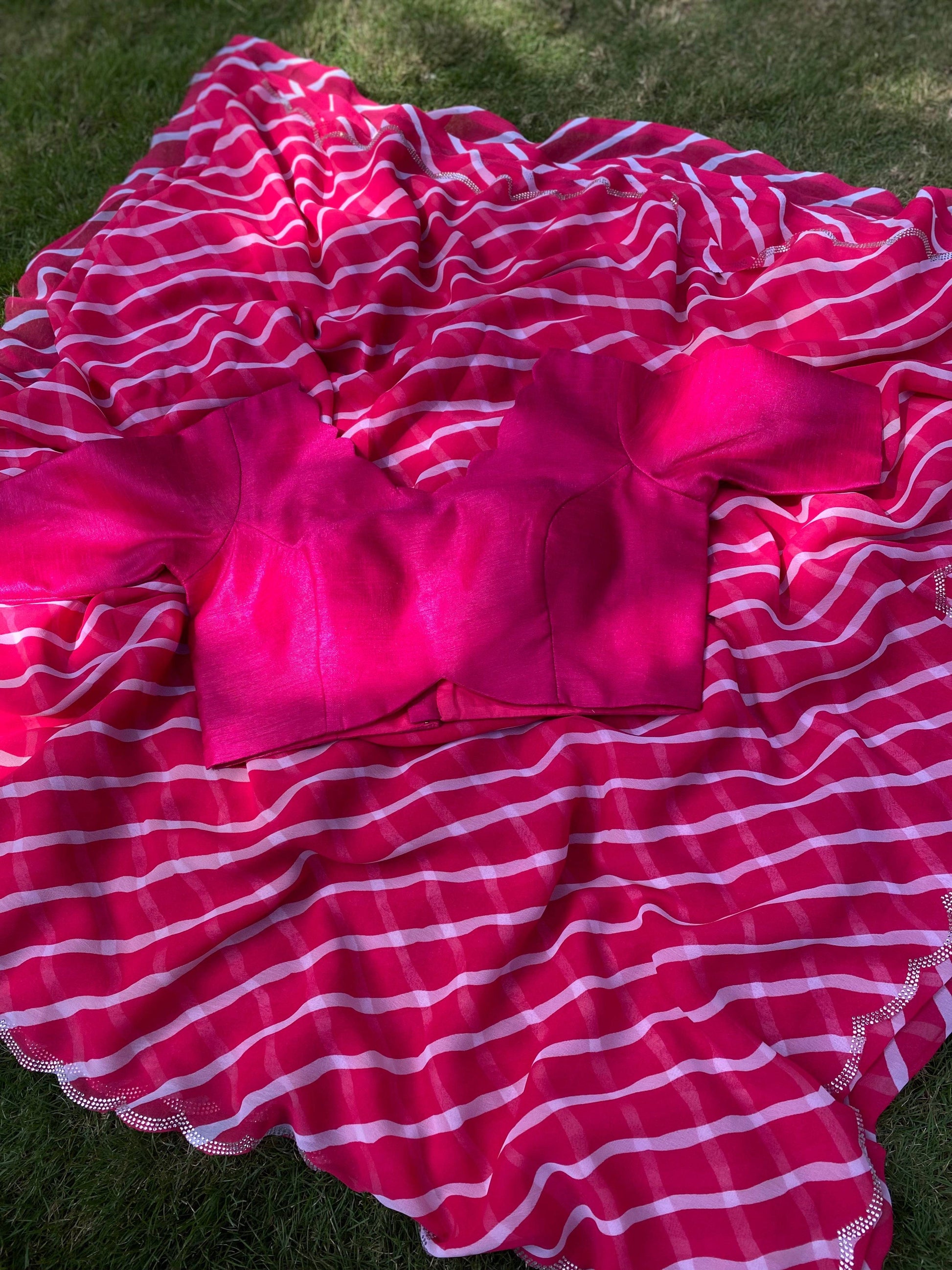 Pink Georgette Leheriya Print Swaroski Cut Work Border Saree by My Store
