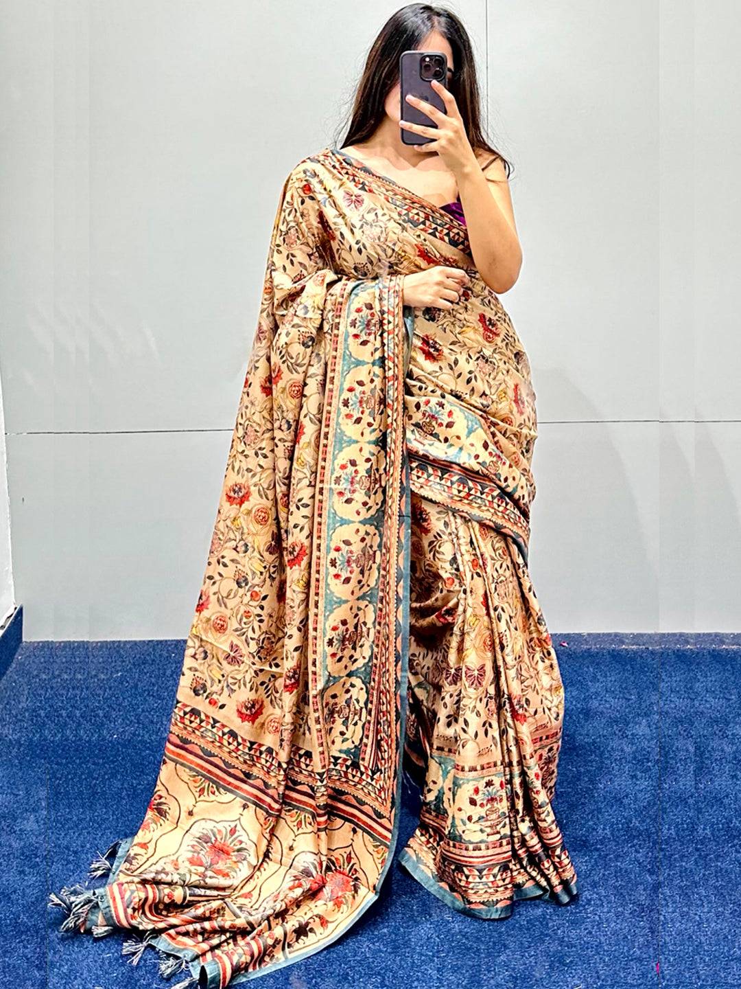 Chiku Tussar Silk Flower Pashmina Print Saree by My Store