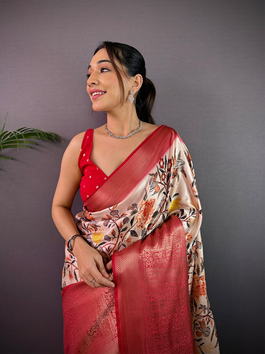 Ivory Cherry Satin Kalamkari Saree by My Store
