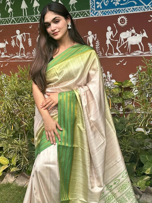 Ikkat Motifs and Paisley Prints on Ghicha Saree by My Store