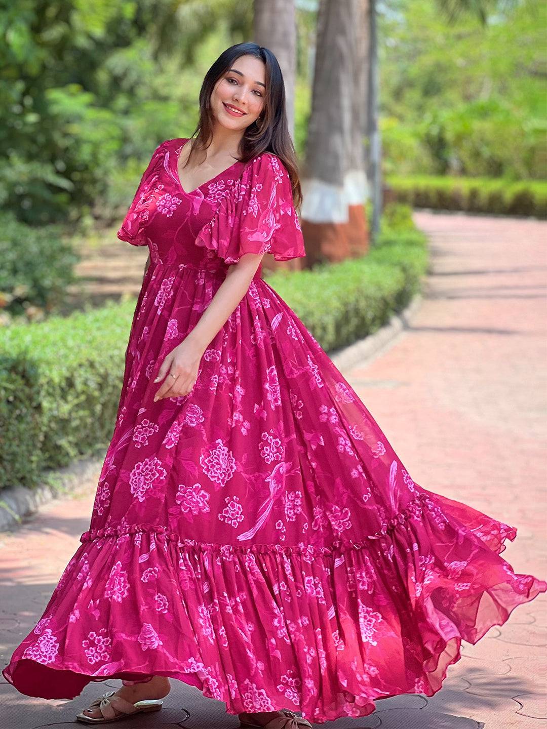 Pink Peony V-neck Flary Dress by My Store