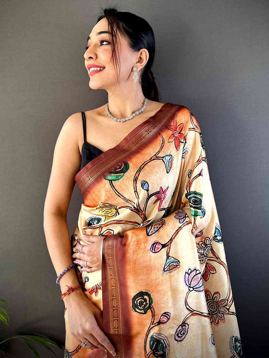 Peach Soft Silk Freehand Kalamkari Print Saree by My Store