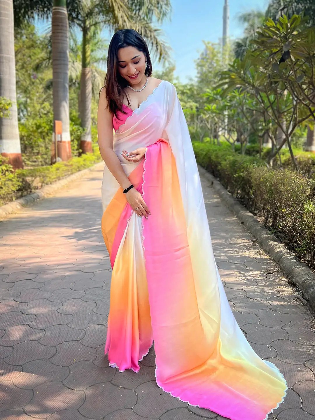 Pink Satin Georgette Saree
