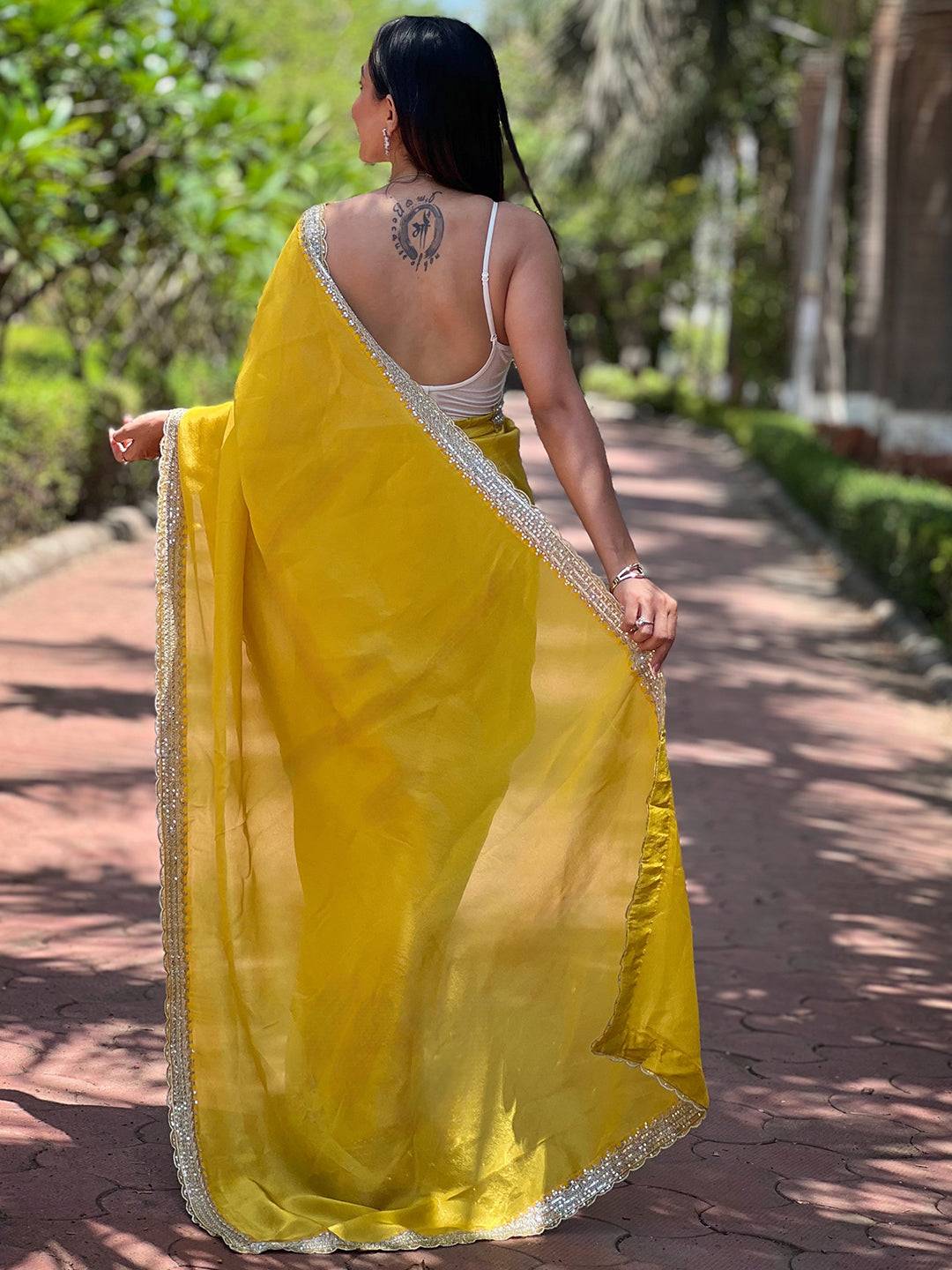 Sunset Yellow Pure Viscose Dyed Saree by My Store