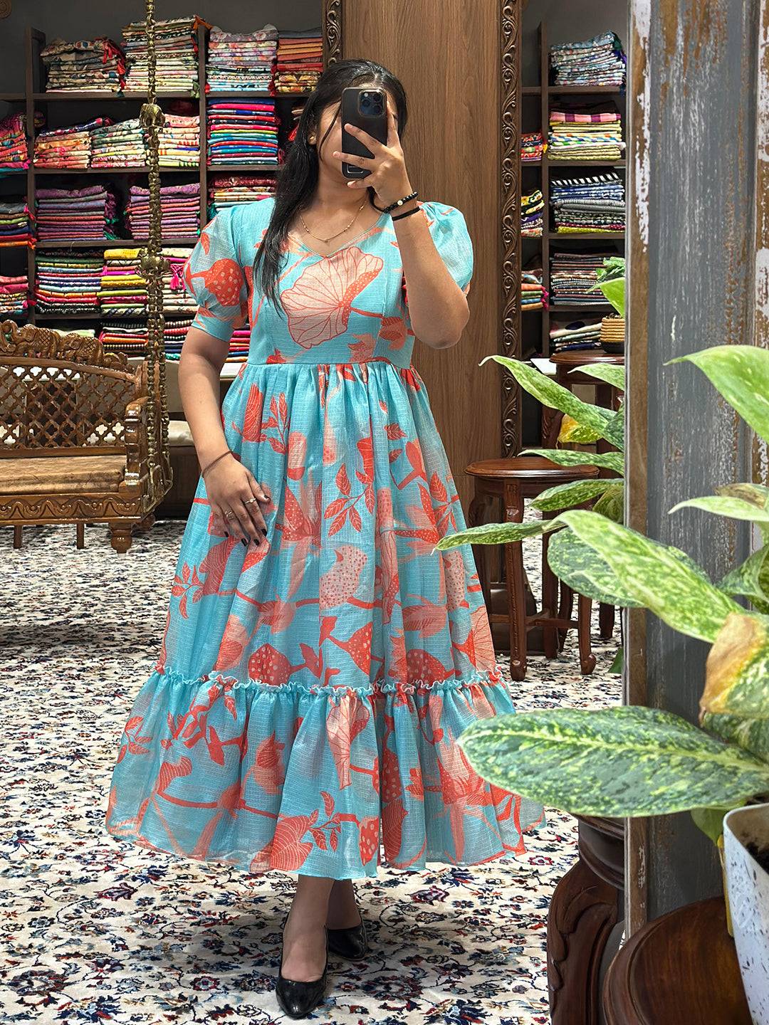 Sea Blue Floral Print Dress by My Store