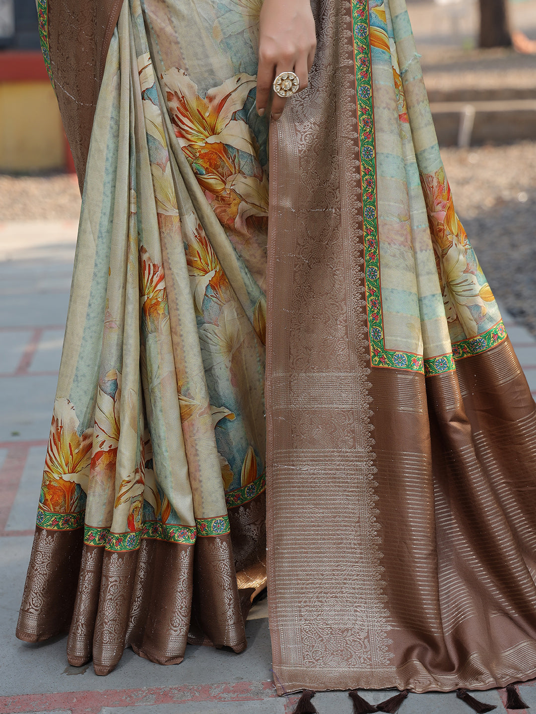 Multi Colour Phulkari Design Zari Weaving Pallu Saree - Luxe by My Store